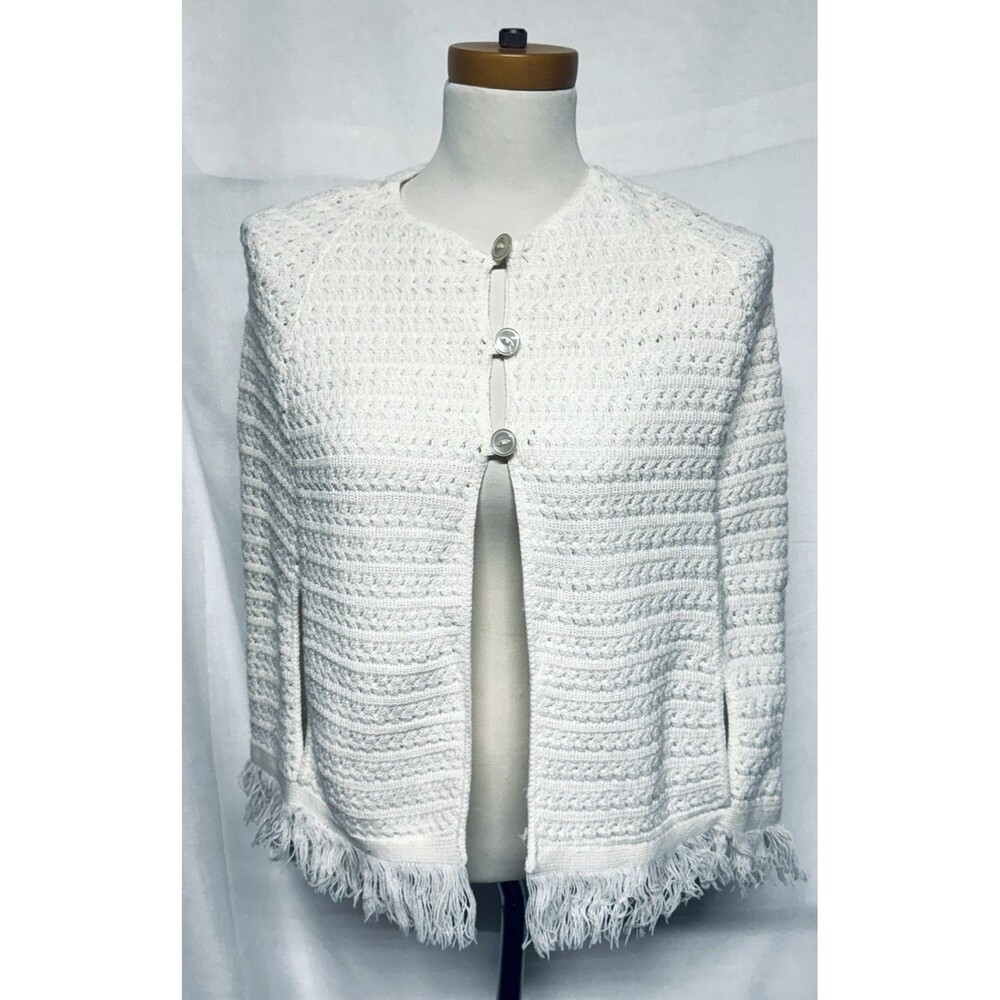Vintage Off White Hand Knit Shawl Wrap 3 Button w Arm Hole Slits & Fringe Trim